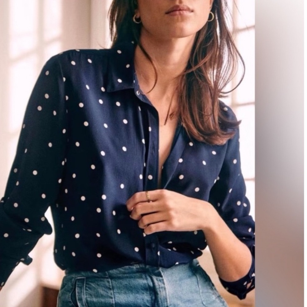 Sezane Ann Polka Dot Silk Blouse Navy Blue Top Long Sleeve 42 US 10